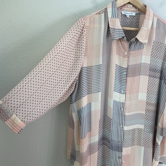 Rose+Olive Womens Plus 2X Button Up Blouse Patchwork Pattern 3/4 Sleeve Shirt - Picture 8 of 10